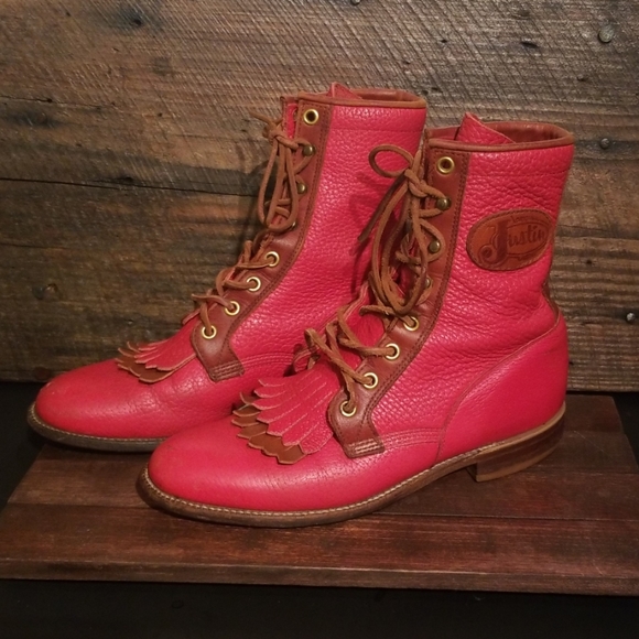 Justin Boots Shoes - RARE Vintage Red Lace up Justin Boots